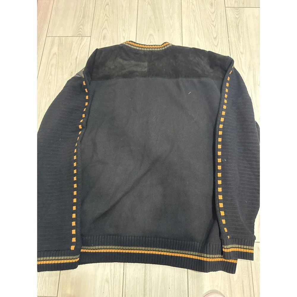 Steven Land Mens 4X Leather Suede Knit Mixed Media Sweater Black Orange Diamond